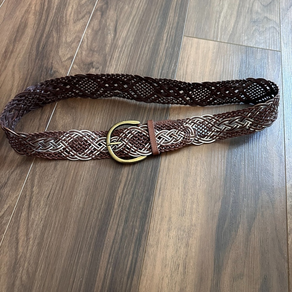 Tommy Bahama Braided Leather Belt Brown Silver Metallic Woven XS/S